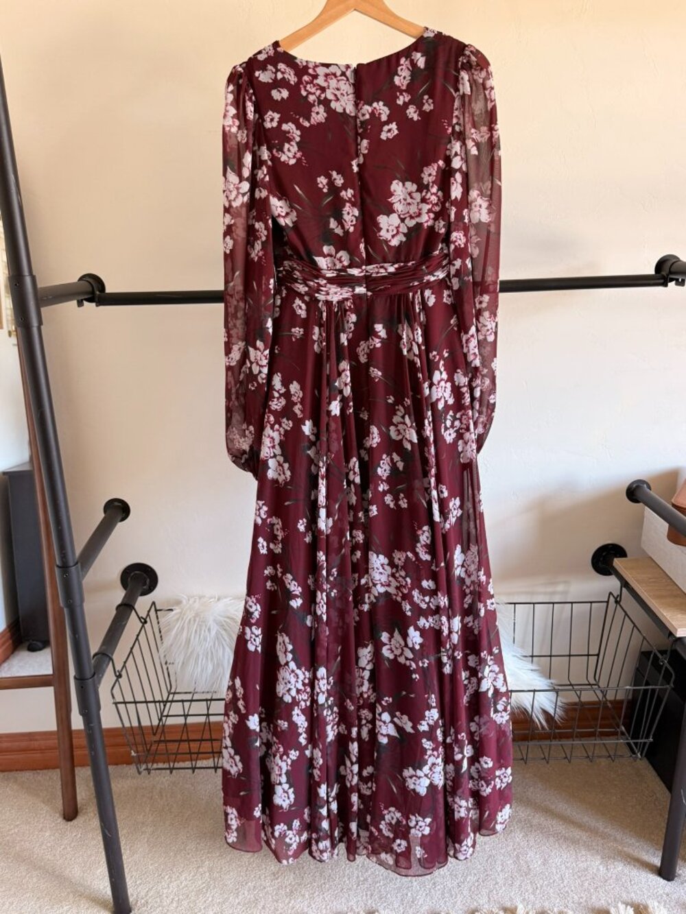 Mac Duggal Burgandy Floral Long Sleeve Chiffon Gown 4 - Picture 9 of 11
